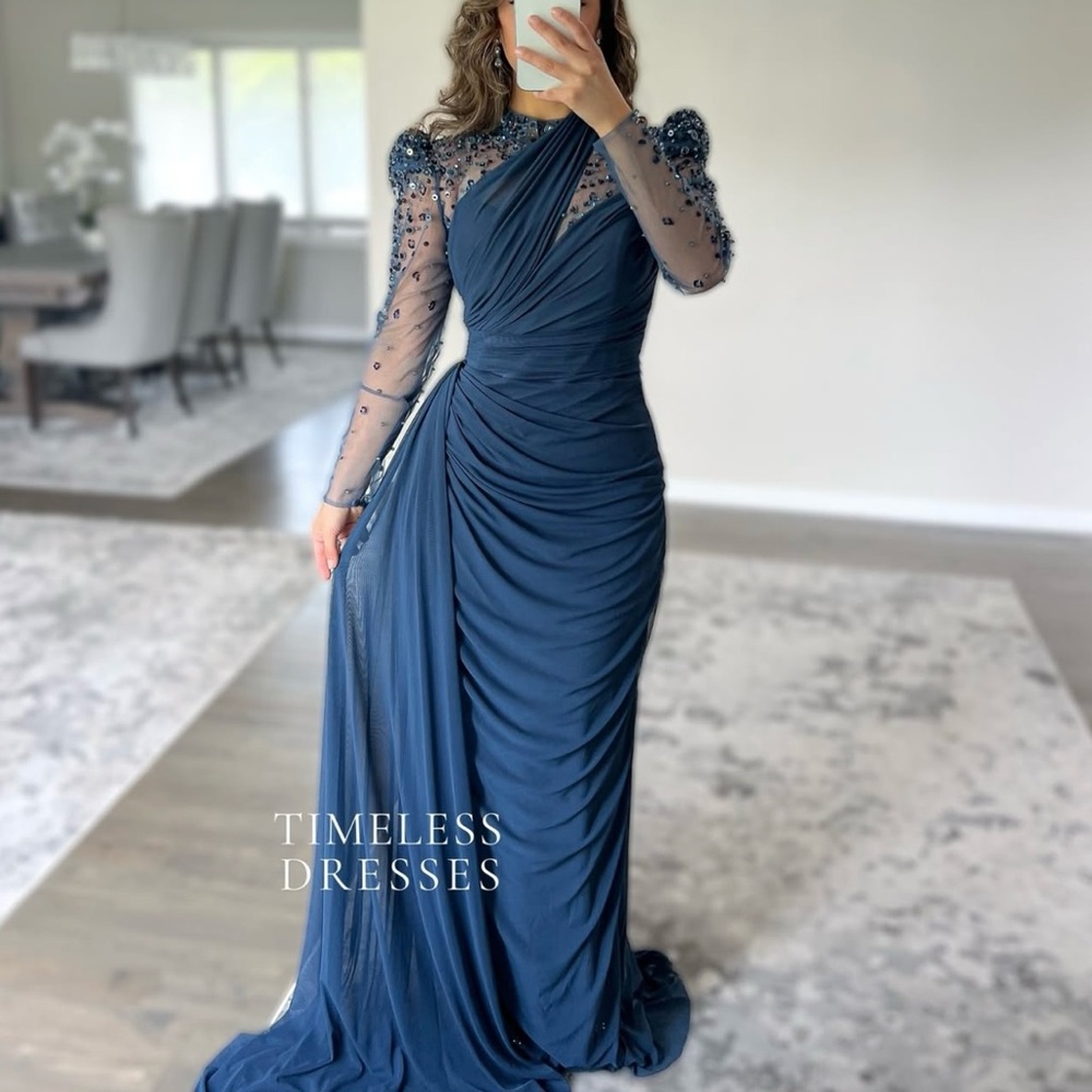 Navy Long-Sleeve Embellished Evening Gown